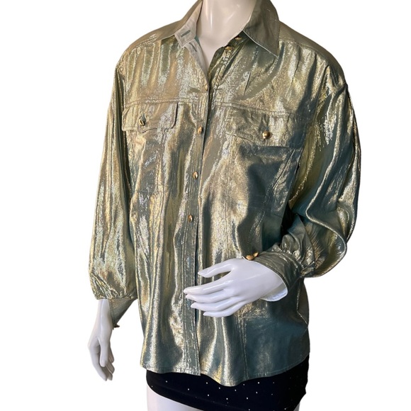 Escada 1990s Vintage Silk Blue Metallic Silk Collared Button-Up Blouse - Picture 1 of 9